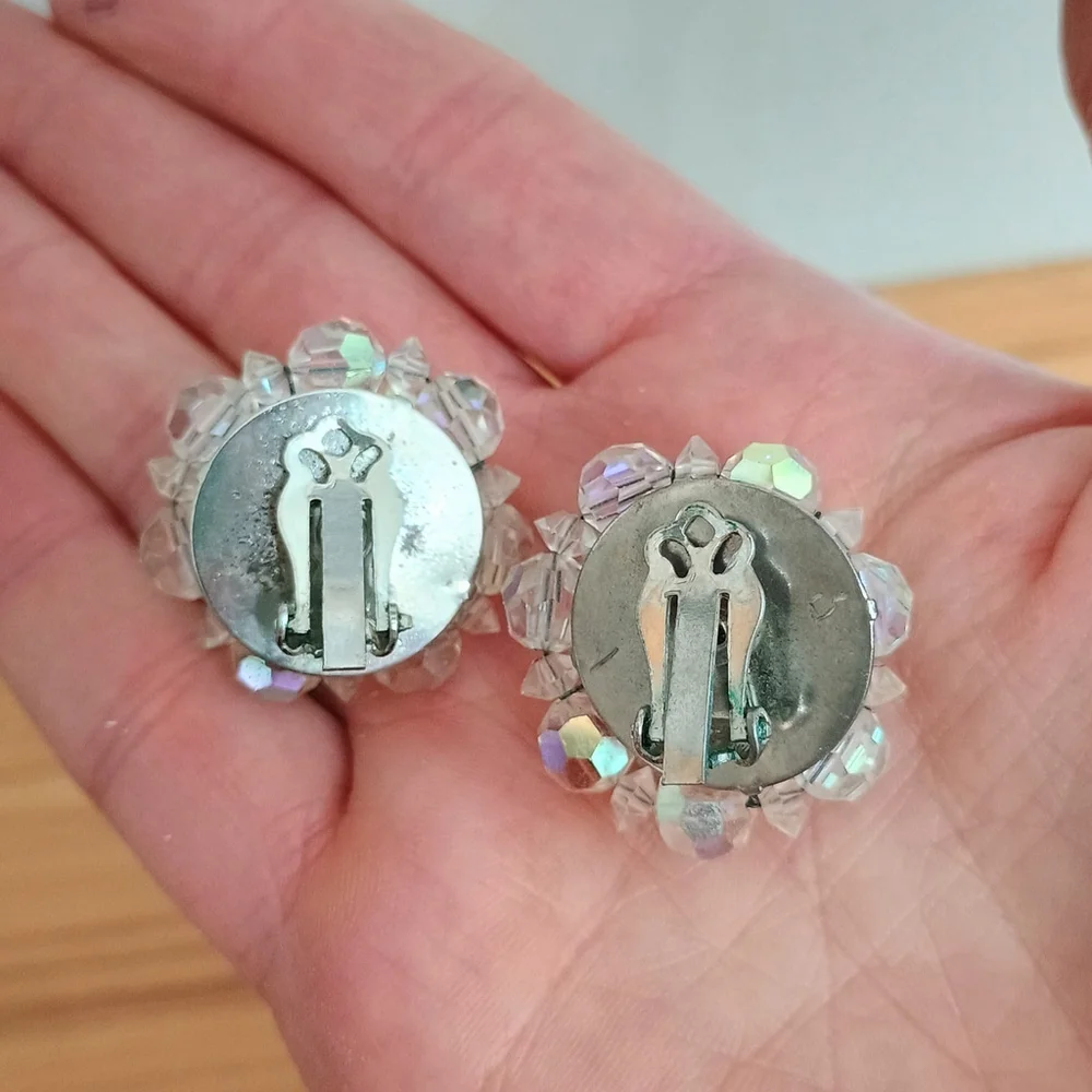 Vintage Laguna? Crystal Love Clip On Earrings Aurora Borealis Flower Shaped